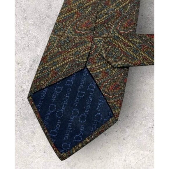 CHRISTIAN DIOR Silk Tie ITALY Burgundy Blue Beige Geometric Logo W:3.6" EUC - Picture 4 of 5